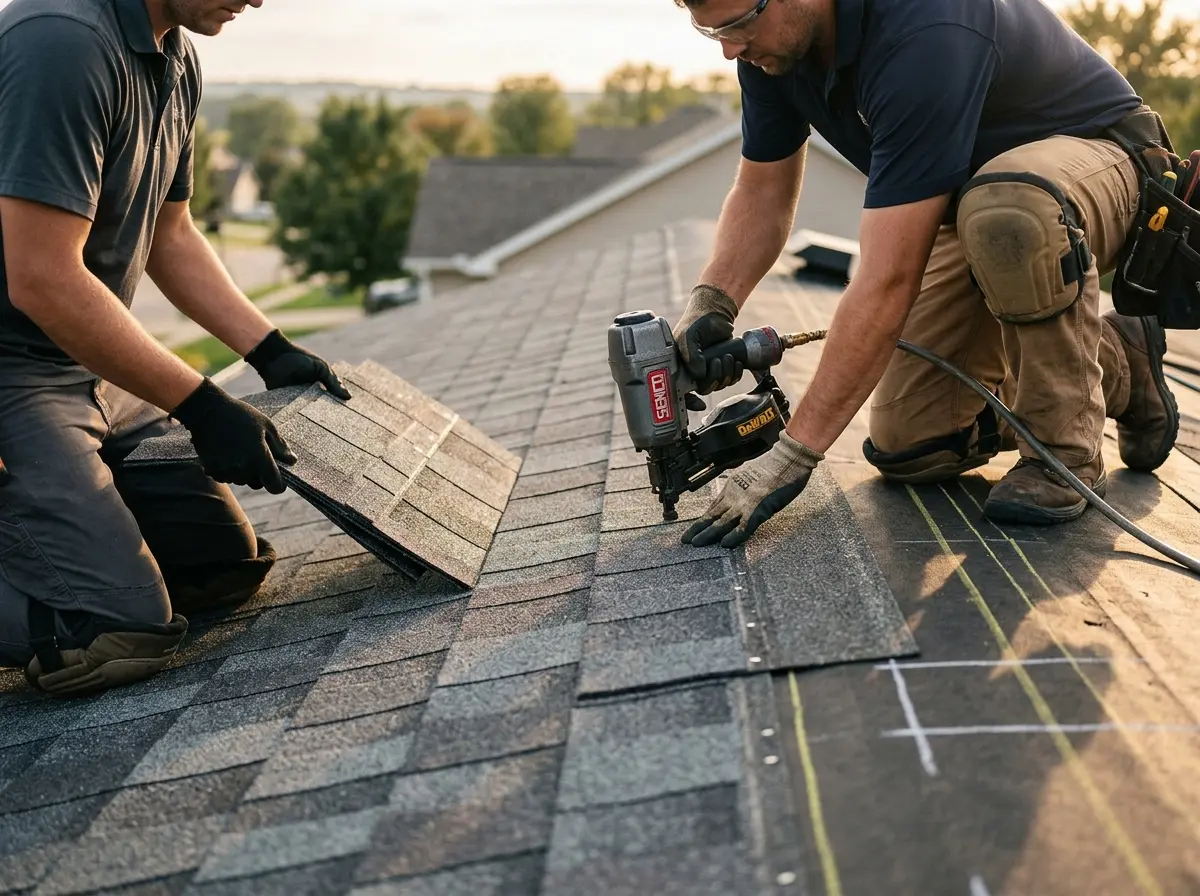 Professional roofer working on a residential roof in Cary